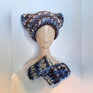 NEW, Crochet cat ear beanie & fingerless gloves set, handmade